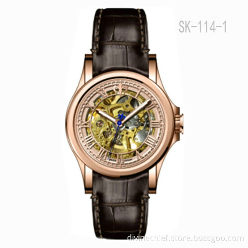 Factory Custom Watch Genuine Leather Watch Band Skeleton Movement Men Wrist Watches